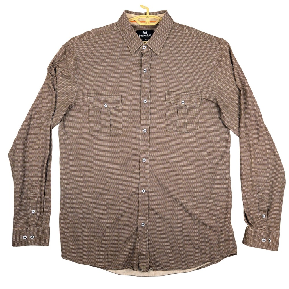 Buttercloth Tall Fit 2XL Brown Geometric Print Long Sleeve Button Down Shirt Men
